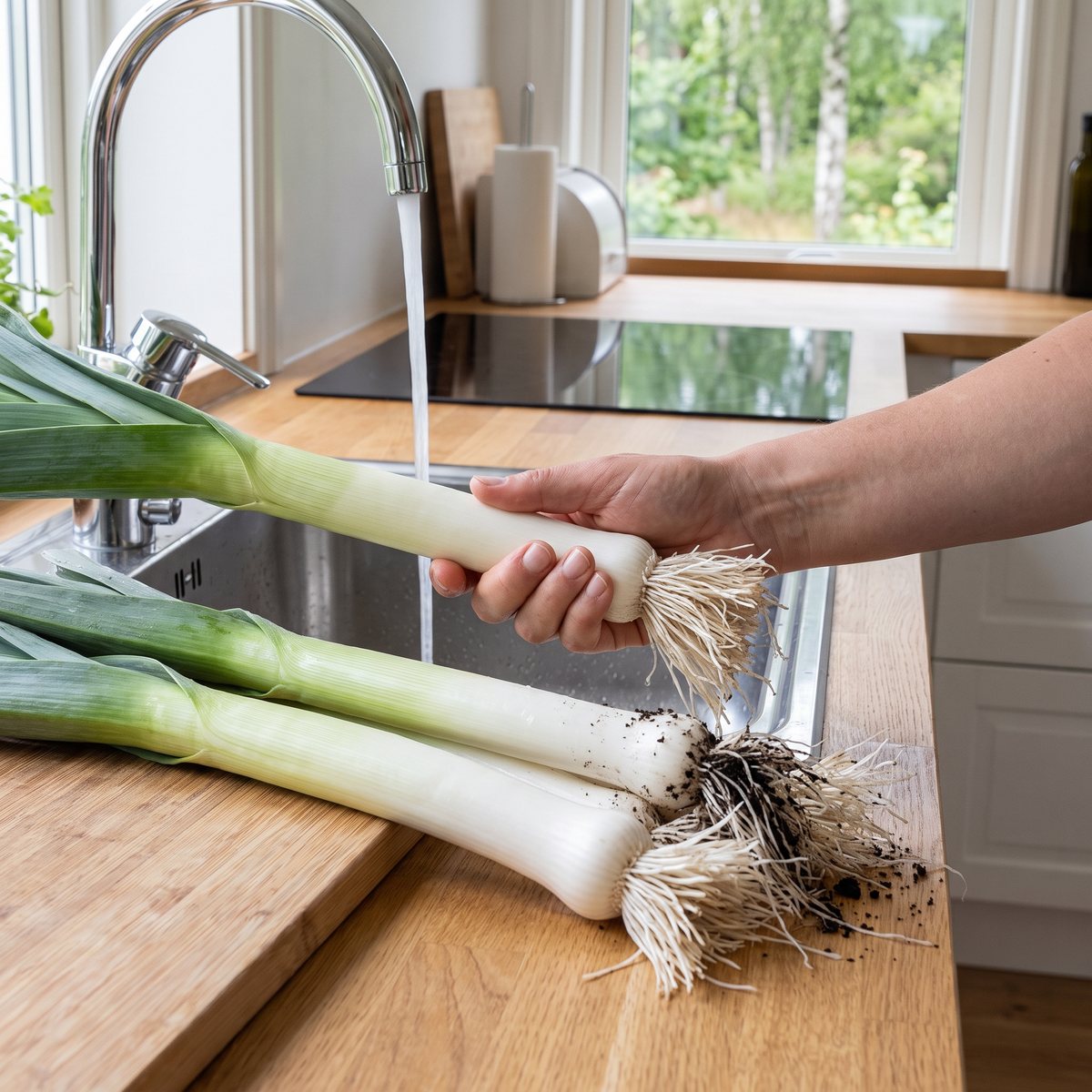 En hand sköljer en nyskördad purjolök Atal under kranen i ett ljust svenskt kök med träbänkskiva och induktionshäll, med fler purjolökar på bänken och sommargrönska utanför fönstret.