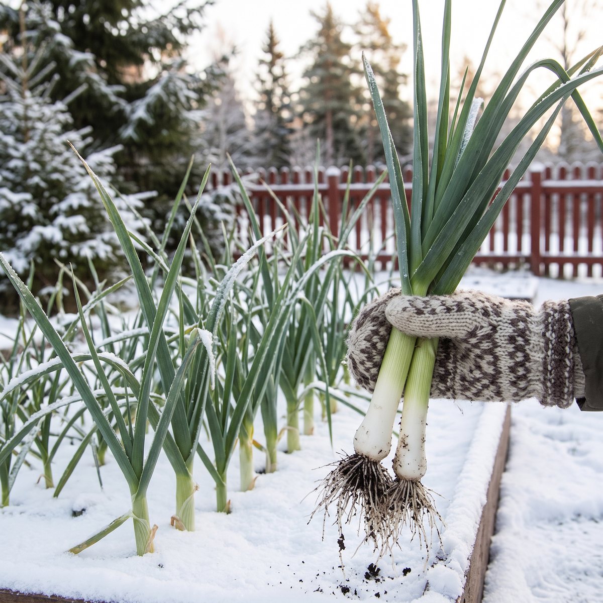 En hand i stickad tumvante håller två nyskördade purjolökar Blauwgroene Winter bredvid en snötäckt odlingslåda med purjolök, granar och ett rött staket i bakgrunden.