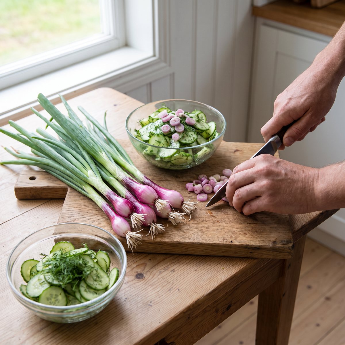 Röd salladslök 'Red Toga' skivad över en gurksallad med dill i ett svenskt sommarkök