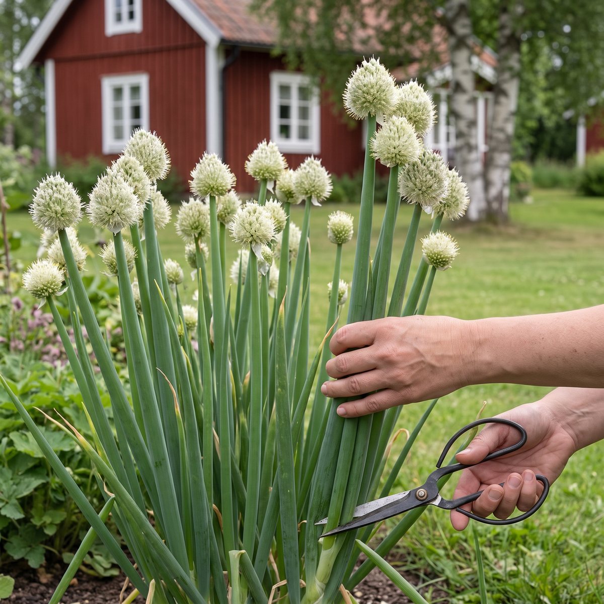 En tuva piplök 'Winter Nest' med vita blomhuvuden klipps i en svensk trädgård