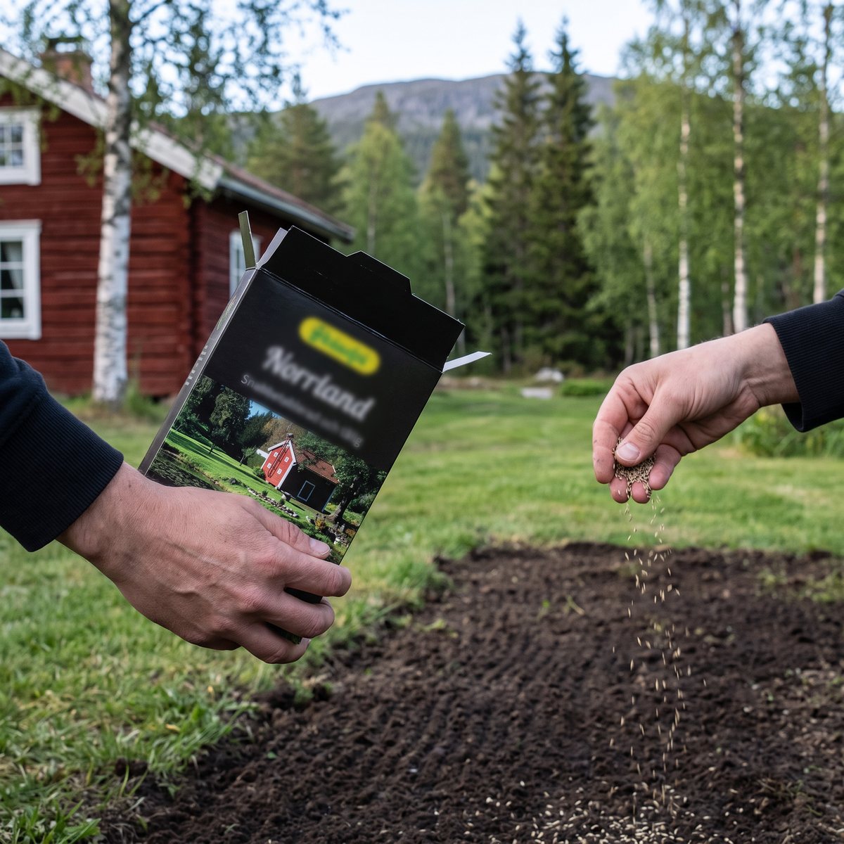 Kartong med Skånefrö Norrland i handen medan gräsfrö sås på jord vid en röd stuga i norrländsk miljö