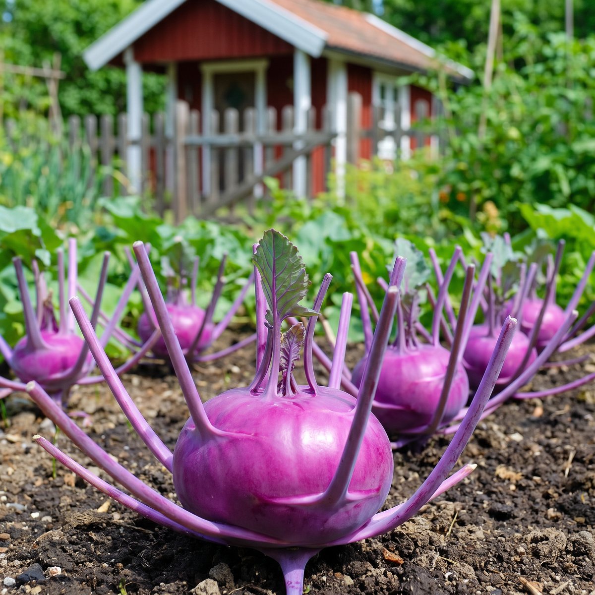 Rader med blåvioletta kålrabbiplantor i en stor bädd på en svensk kolonilott med rödmålad stuga