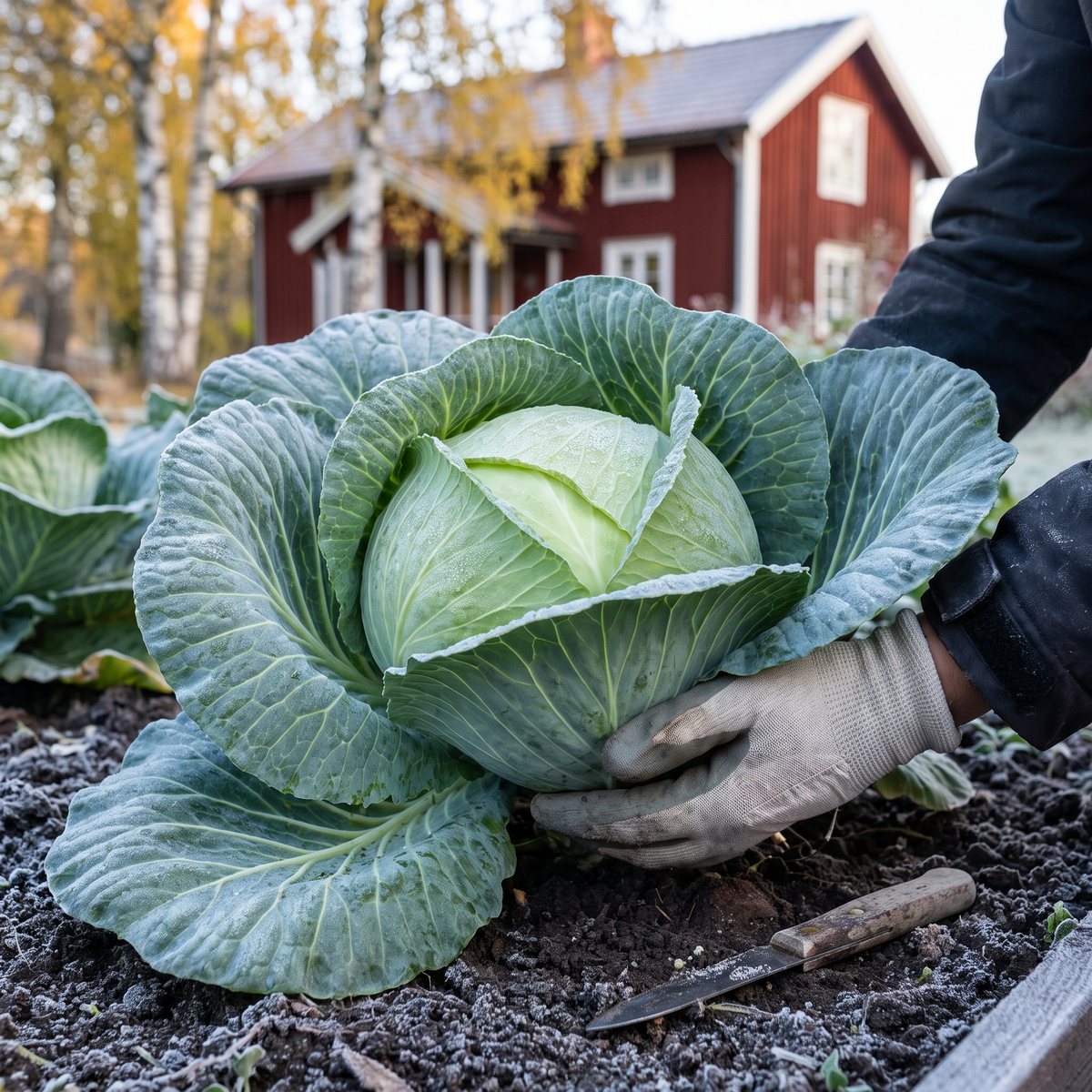 Stort, plattrunt vitkålshuvud av sorten Brunswijker som lyfts upp ur ett frostigt kålland framför en röd stuga en höstmorgon