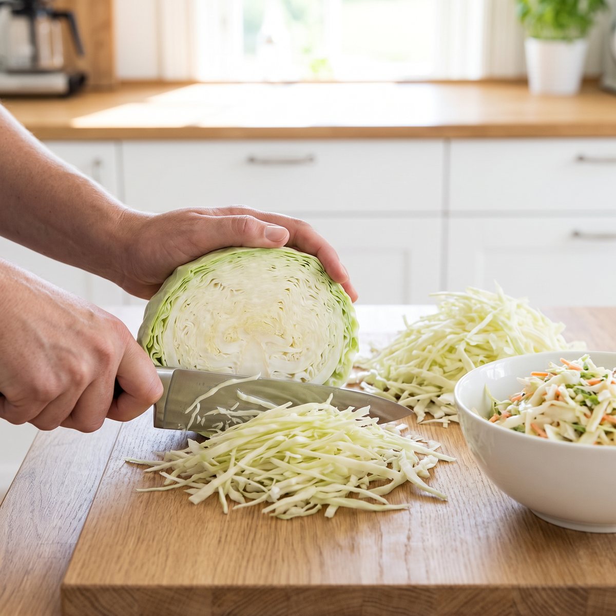 Halverat vitkålshuvud av sorten Cabbice som strimlas tunt till coleslaw på en skärbräda i ett ljust svenskt kök
