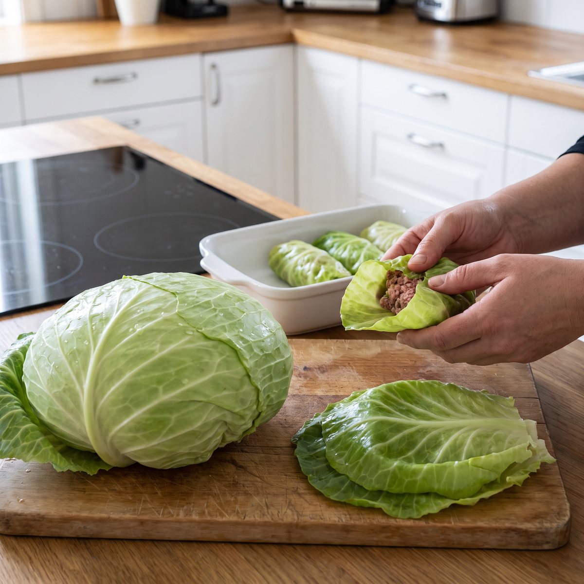 Platt vitkålshuvud av sorten Green Rich på en skärbräda medan förvällda breda blad rullas till kåldolmar i ett svenskt kök med induktionshäll