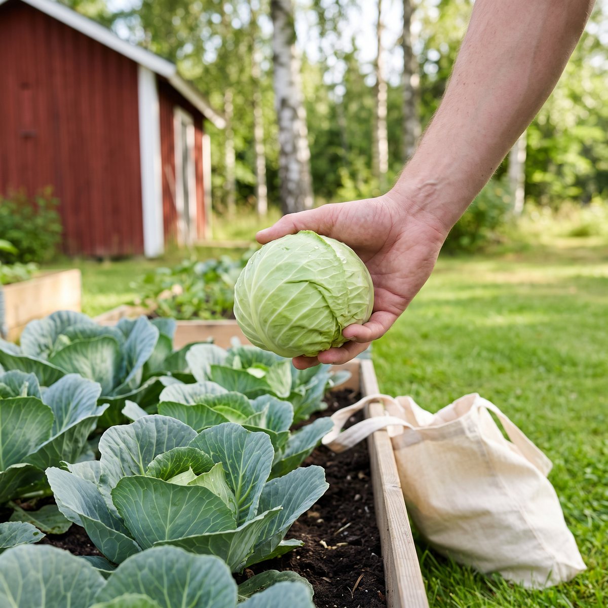 Litet runt vitkålshuvud av sorten Sunta som hålls i en hand ovanför en pallkrage med kålplantor i en svensk trädgård på sommaren