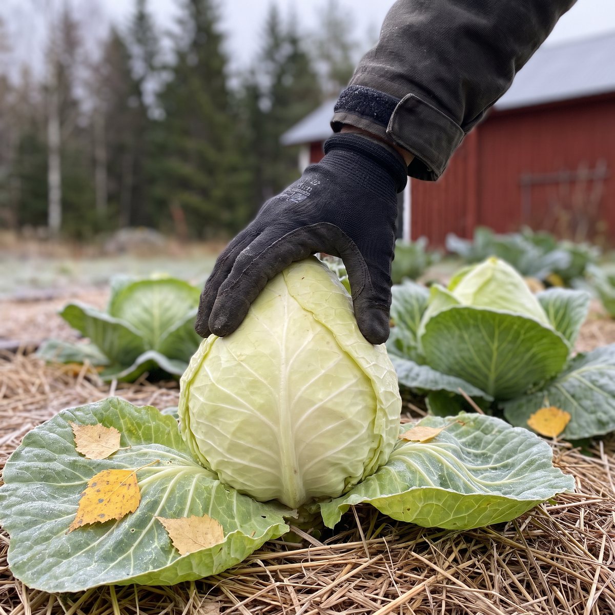 Sen spetskål Berns står hel i en halmtäckt odlingsbädd en höstdag med gula björklöv