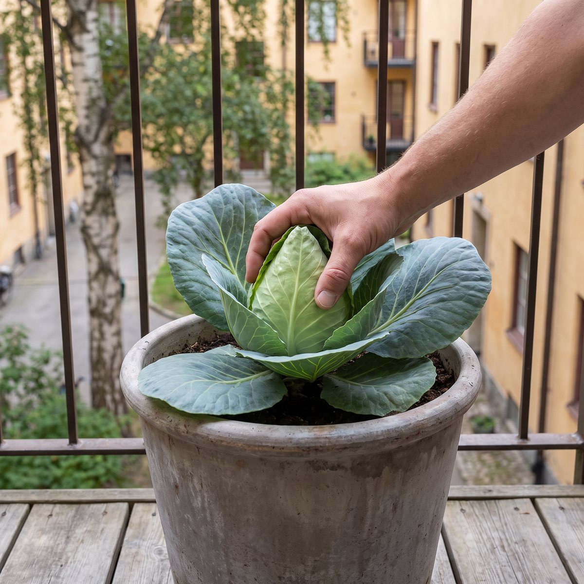 Spetskål Caraflex med ett litet kompakt huvud i en kruka på en balkong i ett svenskt bostadsområde