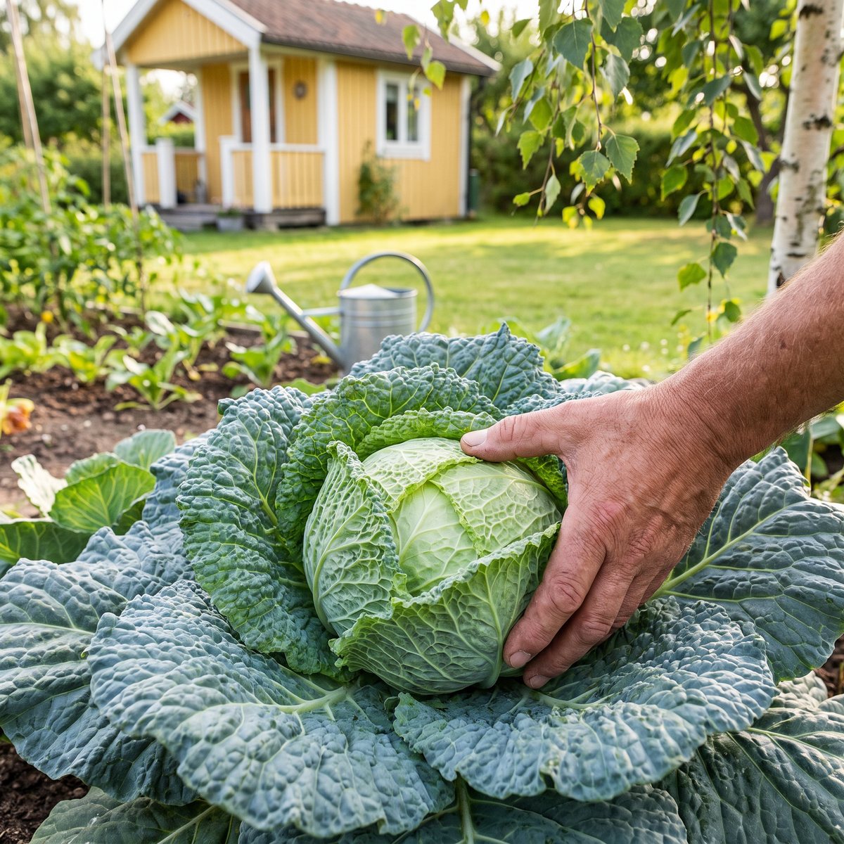 Hand känner på ett savoykålshuvud i en svensk koloniträdgård med gul stuga en sommardag