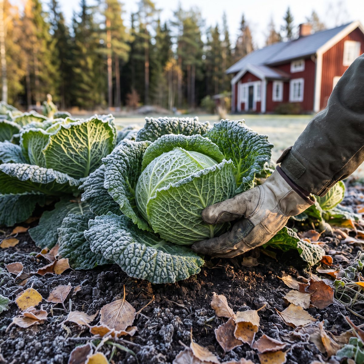Frostig savoykål skördas en oktobermorgon i en svensk trädgård med tallskog och rött hus