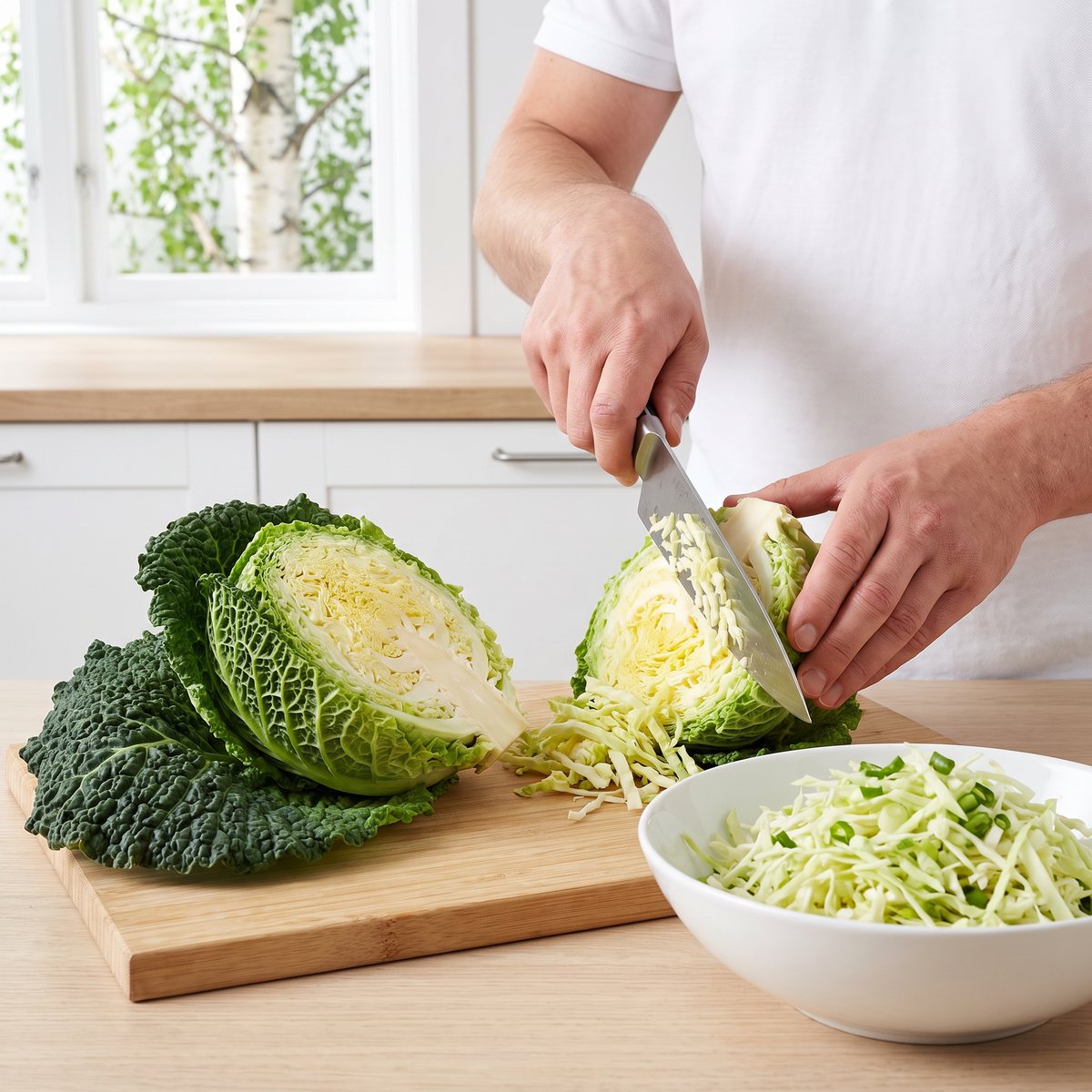 Savoykål med gulvitt inre strimlas till sallad på en skärbräda i ett ljust svenskt kök