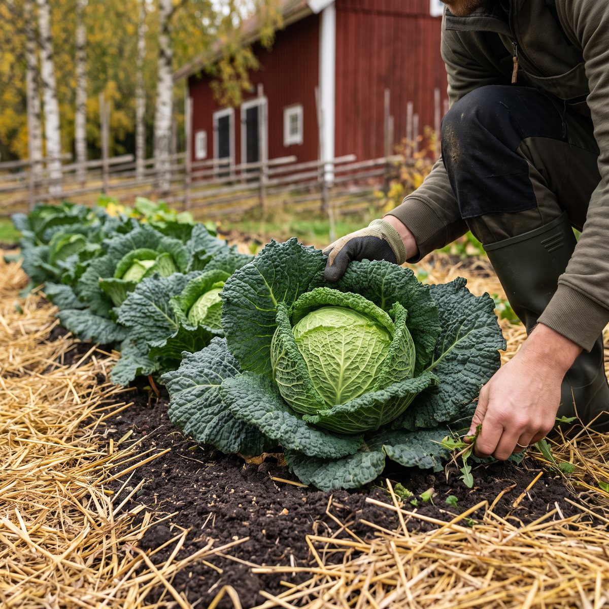 Rad med savoykål i halmtäckt jord på en svensk gård med röd lada och björkar på hösten