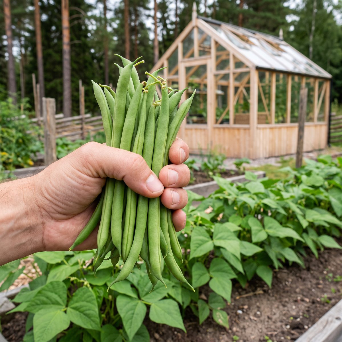 Hand som håller en knippa gröna brytbönor framför bönrader och ett trädrivhus i en svensk trädgård