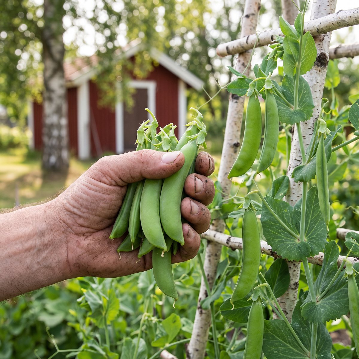 Hand som håller nyplockade brytsockerärtor vid en björkriskäpp i en svensk kolonilott med rött redskapshus
