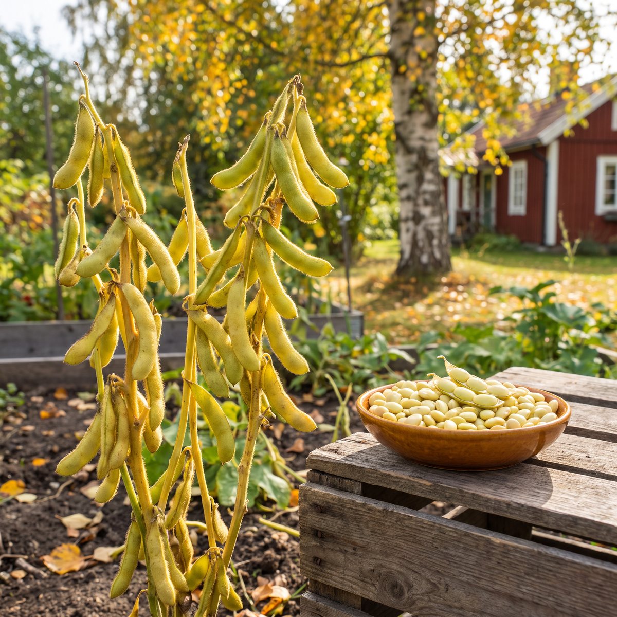 Mogna sojabönsplantor med gulgröna baljor i ett svenskt trädgårdsland på hösten, skål med skalade sojabönor på en trälåda