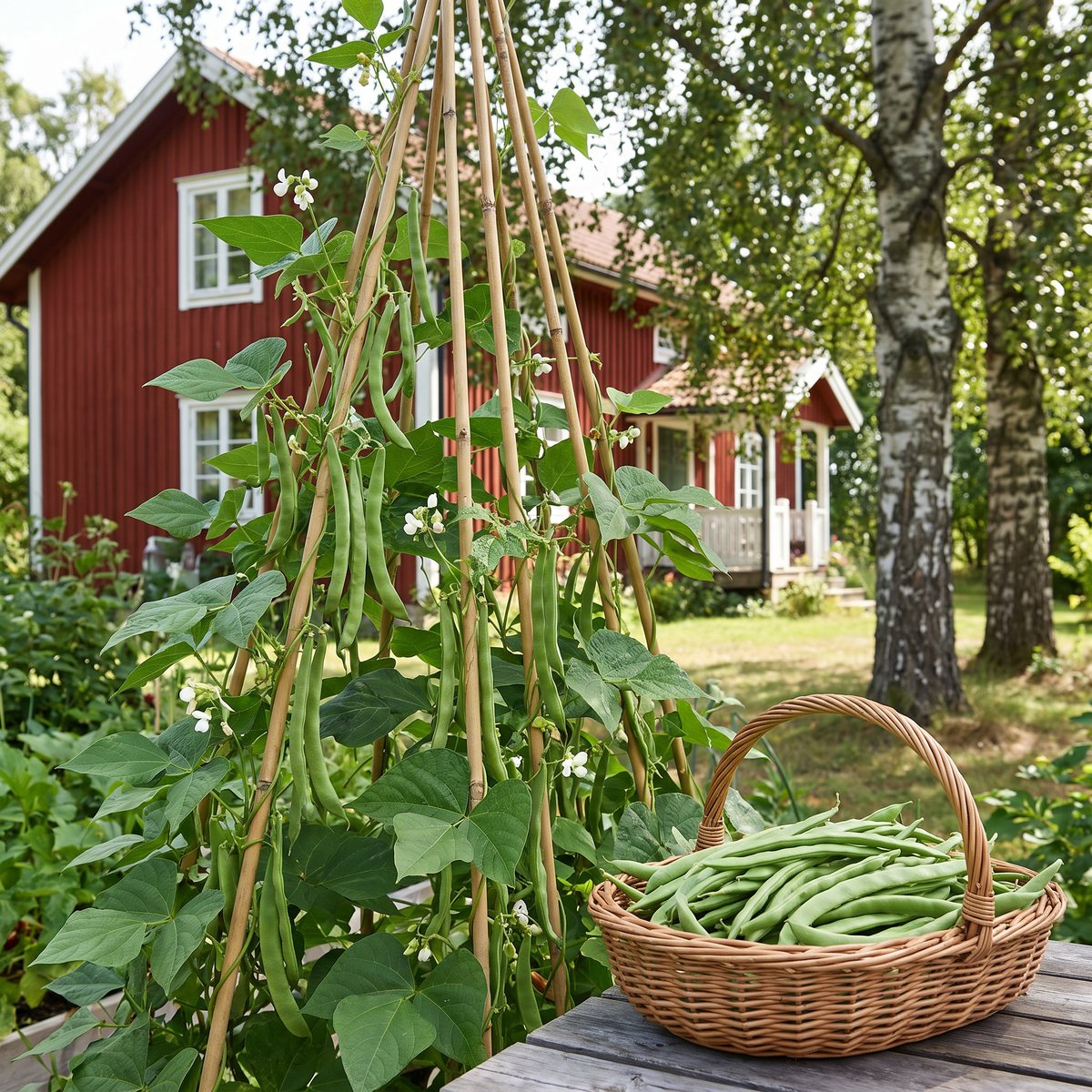 Störbönor som klättrar på bambukäppar vid en rödfärgad stuga med björkar, en korg med plockade bönor