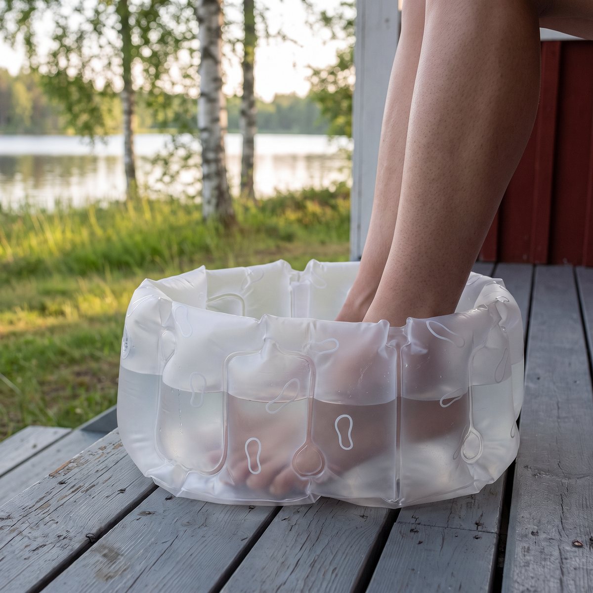 Bosigns uppblåsbara fotbad i frostad vit vinyl med fötter i vattnet, på en grå trätrall vid en röd sommarstuga med björkar och sjö i bakgrunden