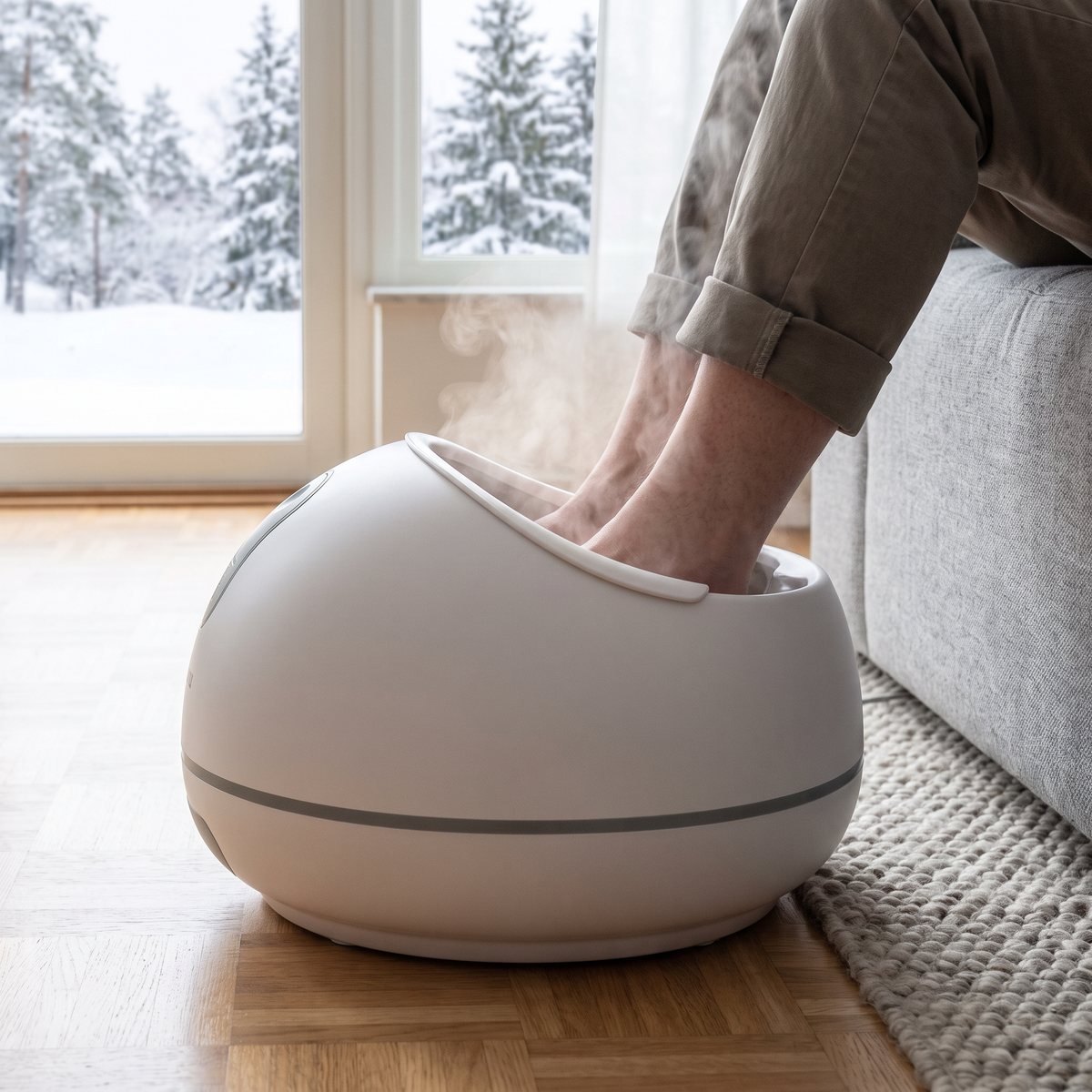 Zenkurus vita ångfotbad med fötter i öppningen och ånga som stiger, på parkettgolv bredvid en grå soffa med snöig granskog utanför fönstret