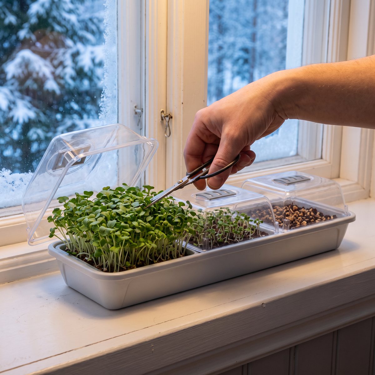 Nelson Garden Micro Leaf 3-box i ett köksfönster en snöig vinterdag, mikrogrönt klipps med sax i den första boxen medan de andra två växer