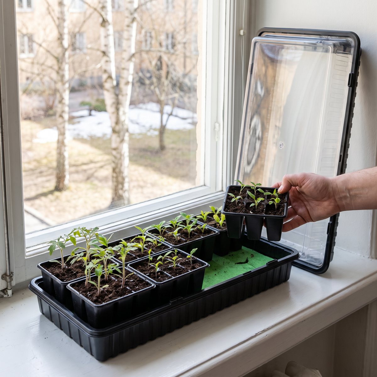 Nelson Garden Minidrivhus Large med tomat- och chiliplantor på en vit fönsterbräda, en hand lyfter ur en krukinsats med sex celler och locket står lutat bredvid
