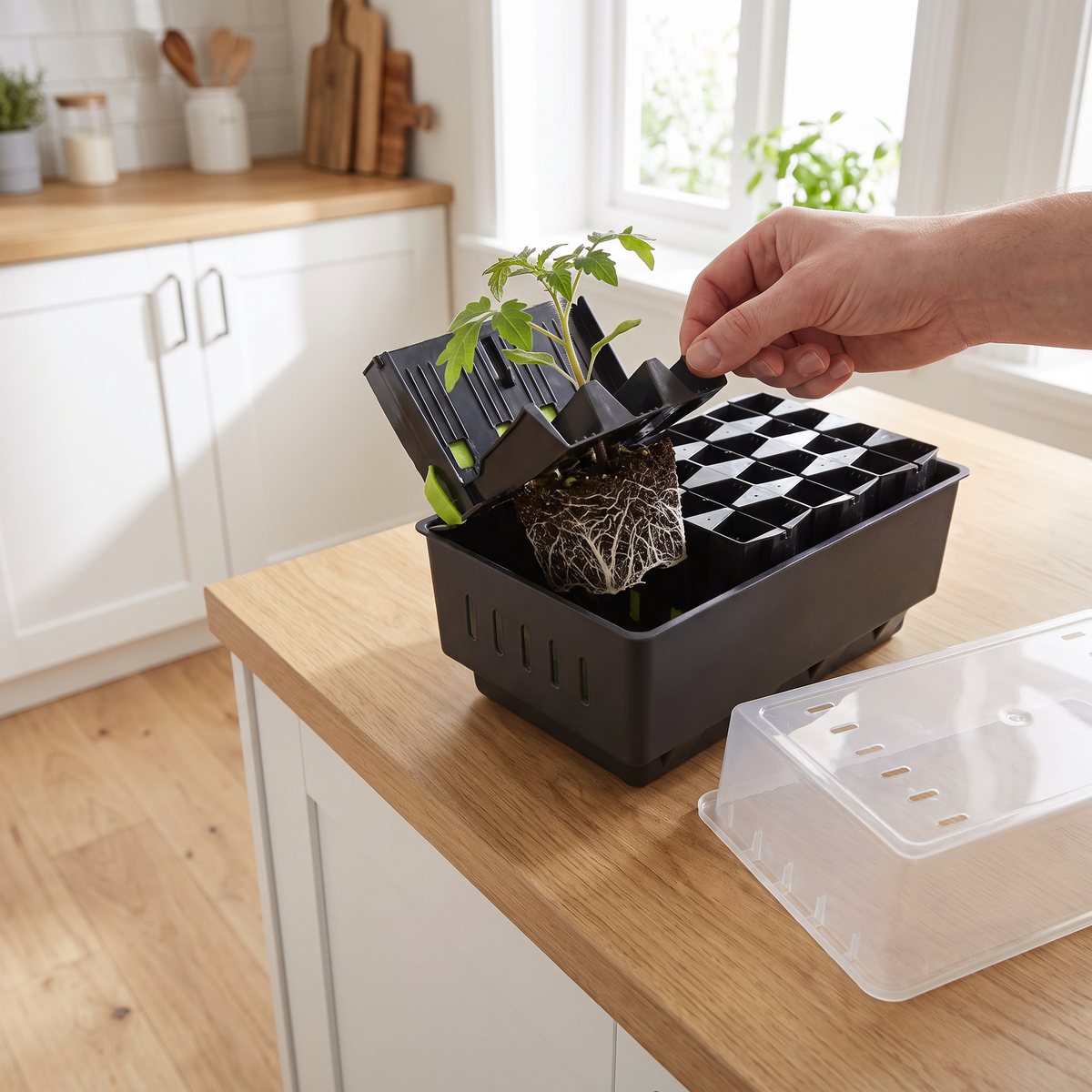 Nelson Garden Rootmaster på en köksbänk i ek, en hand öppnar en pluggcell som en bok så att tomatplantan kommer ut med rotklumpen hel