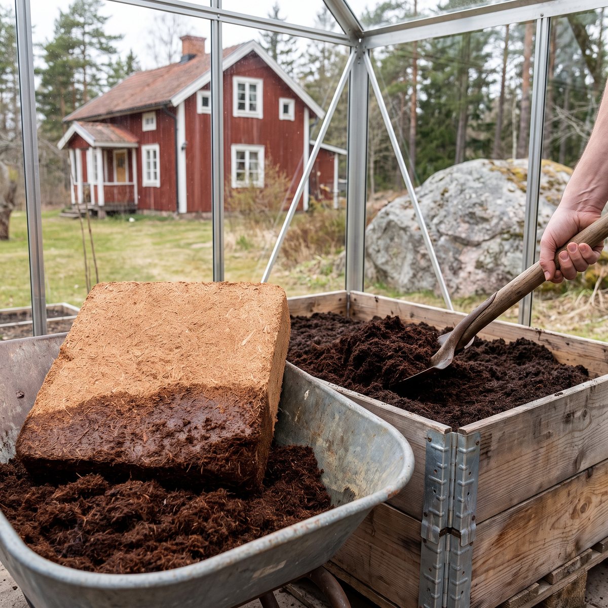 Ett stort kokosblock i en skottkärra i ett växthus, bredvid en pallkrage fylld med mörkt kokossubstrat som en hand gräver i med spade, med rött trähus och granithäll utanför glaset