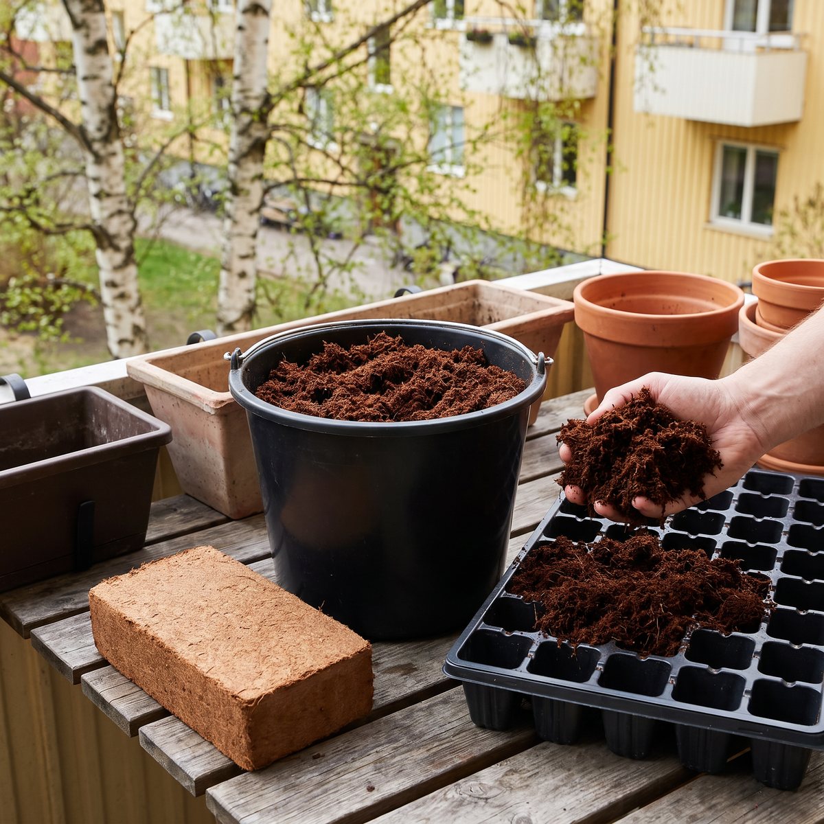 Uppblött kokossubstrat i en svart hink på en balkong, ett torrt kokosblock bredvid och en hand som fyller ett pluggbrätte, med balkonglådor och terrakottakrukor runt omkring