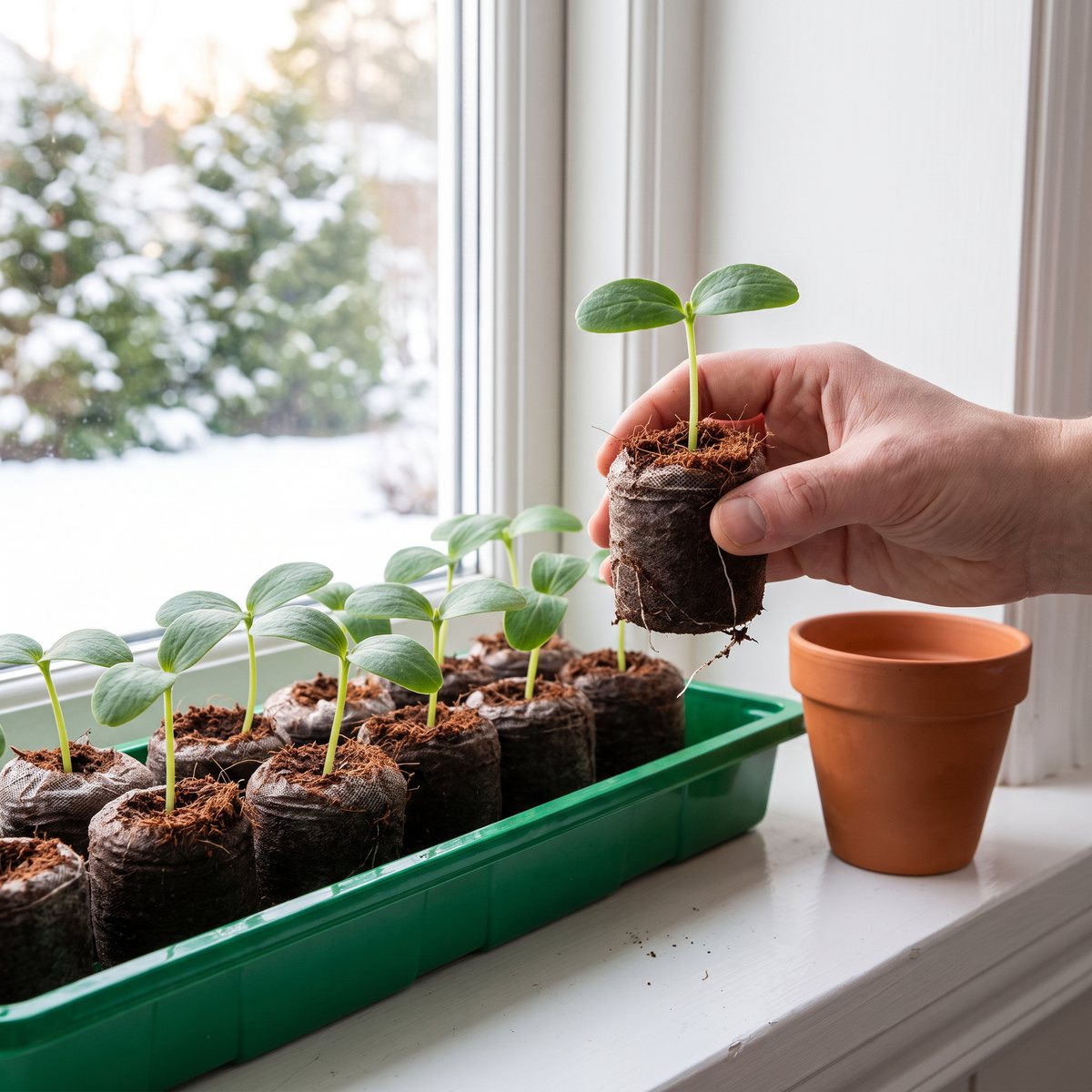 En hand lyfter en kokosbrikett med gurkplanta och synliga rötter ur ett grönt odlingstråg på en fönsterbräda, med en terrakottakruka bredvid och snötäckt trädgård utanför