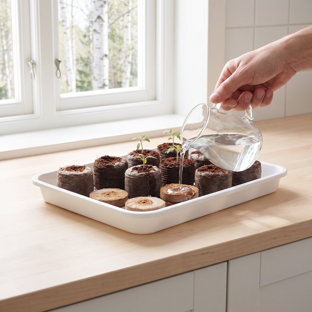 Ljummet vatten hälls ur en glaskanna över torra kokosbriketter i en vit bricka på en köksbänk i ljust trä, där andra briketter redan svällt till mörka proppar med små tomatplantor