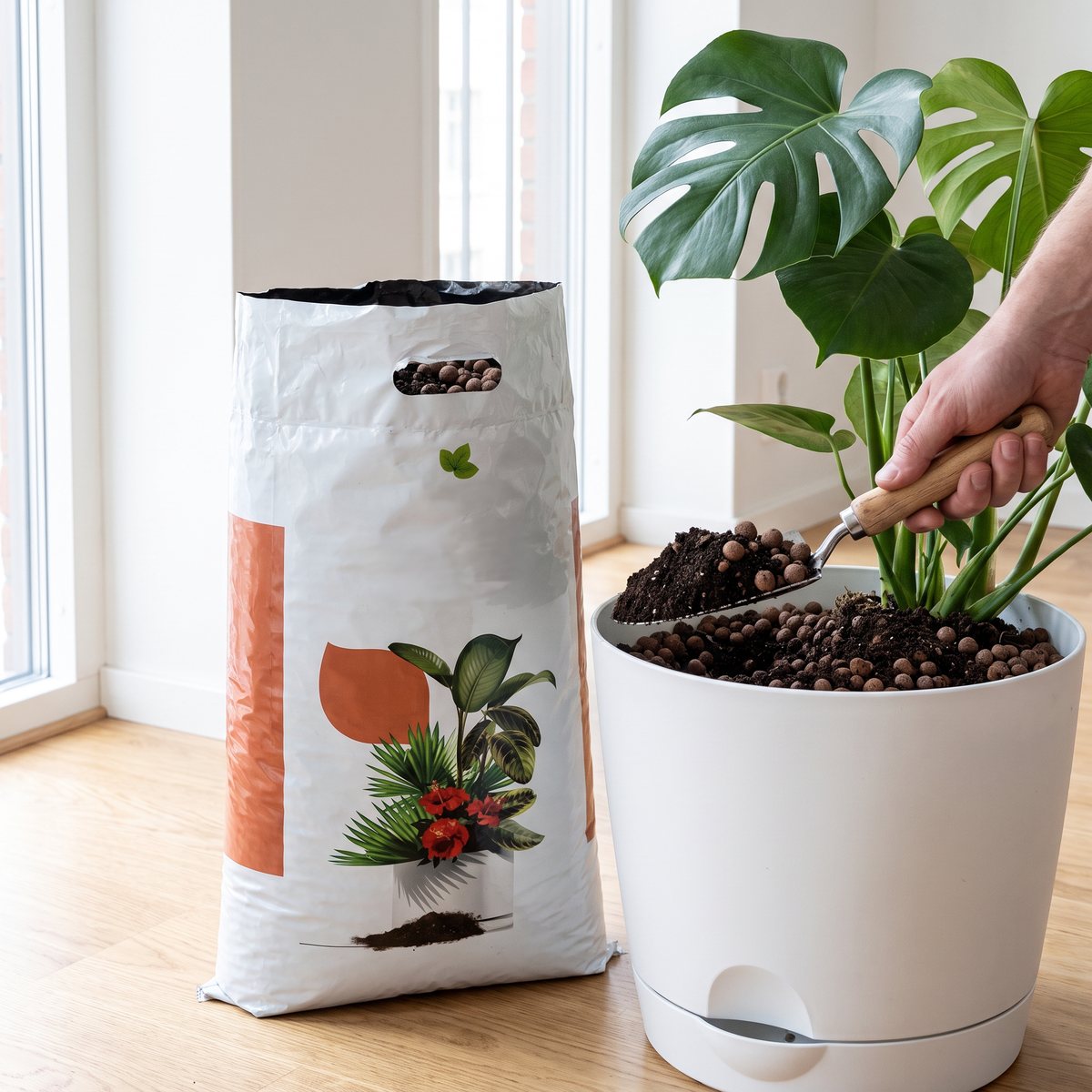 Påse med Hasselfors blomjord med leca bredvid en stor vit kruka med vattenmagasin där en monstera planteras om på ett ljust ekgolv