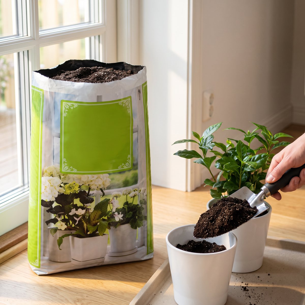 Säck med Rölunda blomjord vid ett spröjsat fönster på ett ljust ekgolv, där små gröna inomhusväxter planteras i vita krukor