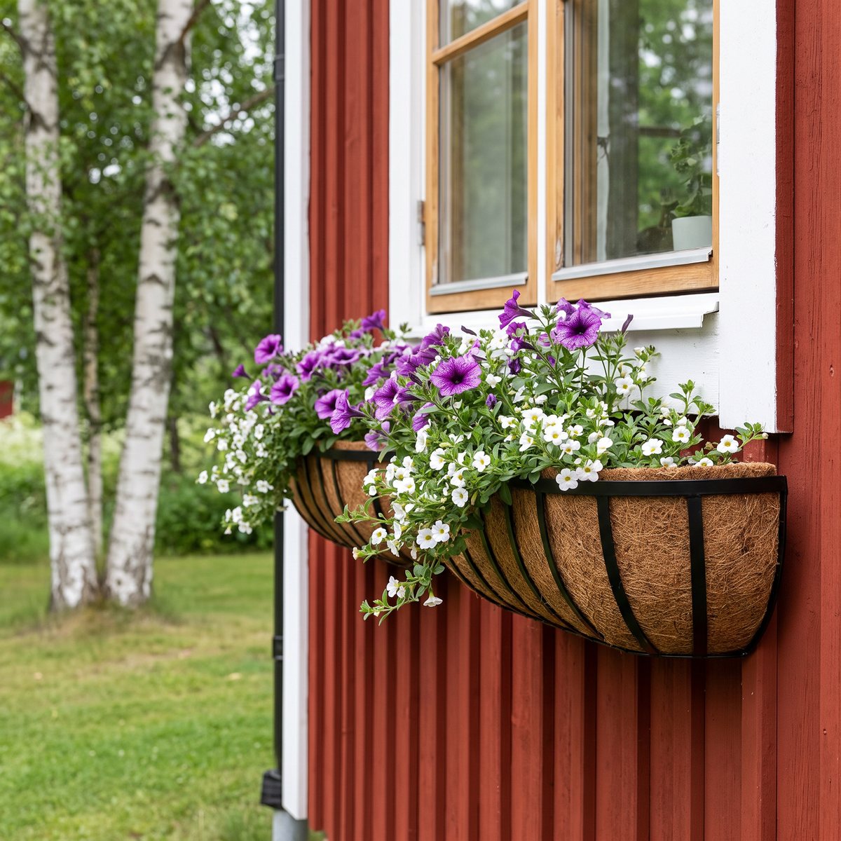 Två blomlådor i svart stål med kokosfoder monterade under ett fönster på en faluröd trävägg, med lila petunior och vita hängande blommor
