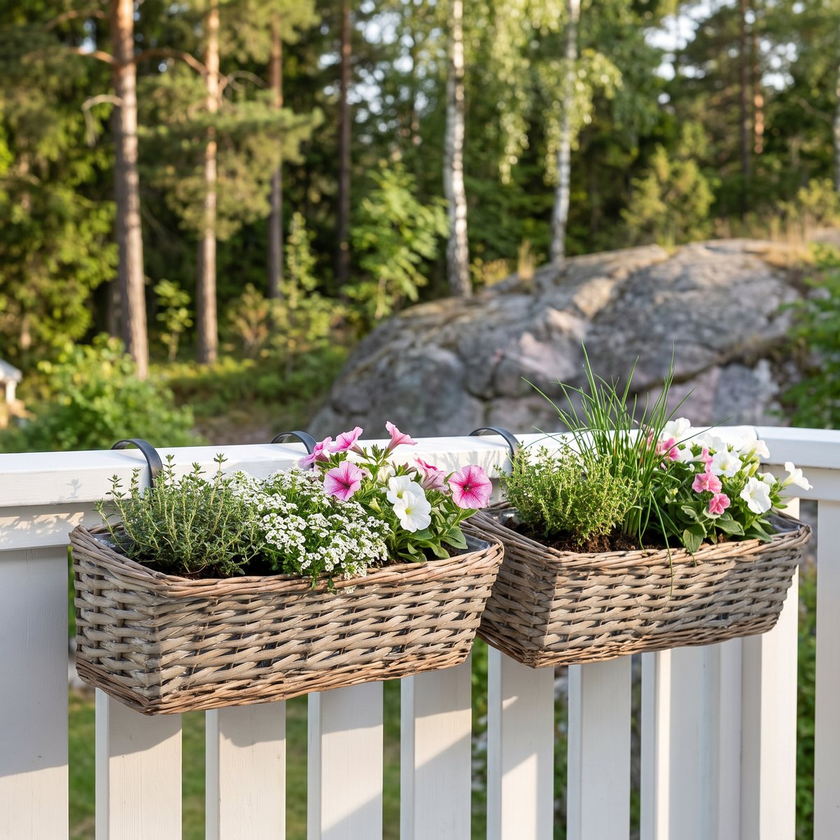 Två flätade balkonglådor i naturkorg hänger på ett vitt träräcke på en svensk altan, planterade med timjan, gräslök och sommarblommor, med tallar och en granithäll i bakgrunden