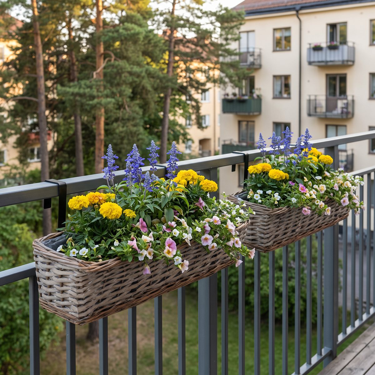 Två långa flätade balkonglådor i naturkorg hänger med krokar på ett grått metallräcke på en svensk flerfamiljshusbalkong, planterade med blå salvia, gula tagetes och hängande sommarblommor