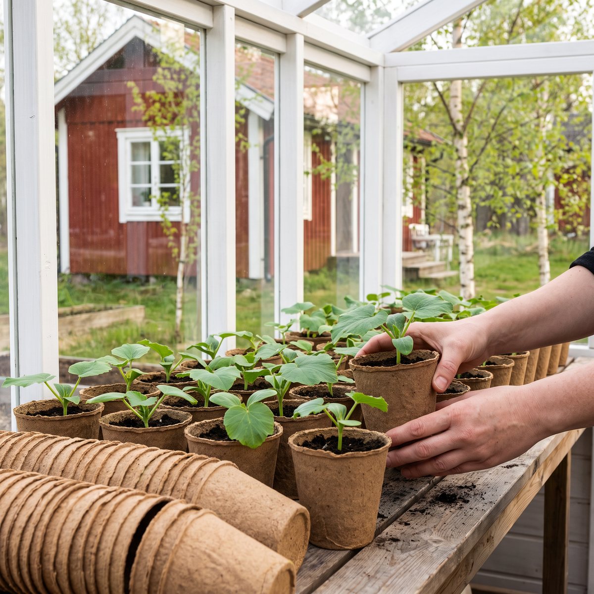 Rader av runda fiberkrukor med squash- och pumpaplantor på en odlingsbänk i ett växthus på en kolonilott med röd stuga
