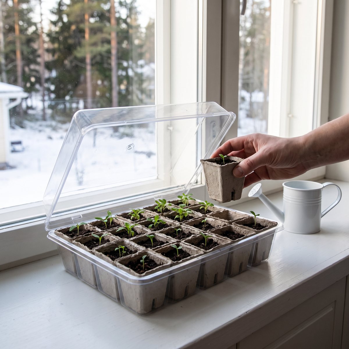 Fyrkantiga fiberkrukor med småplantor i ett minidrivhus med öppet lock på en fönsterbräda, utanför snö och tallar