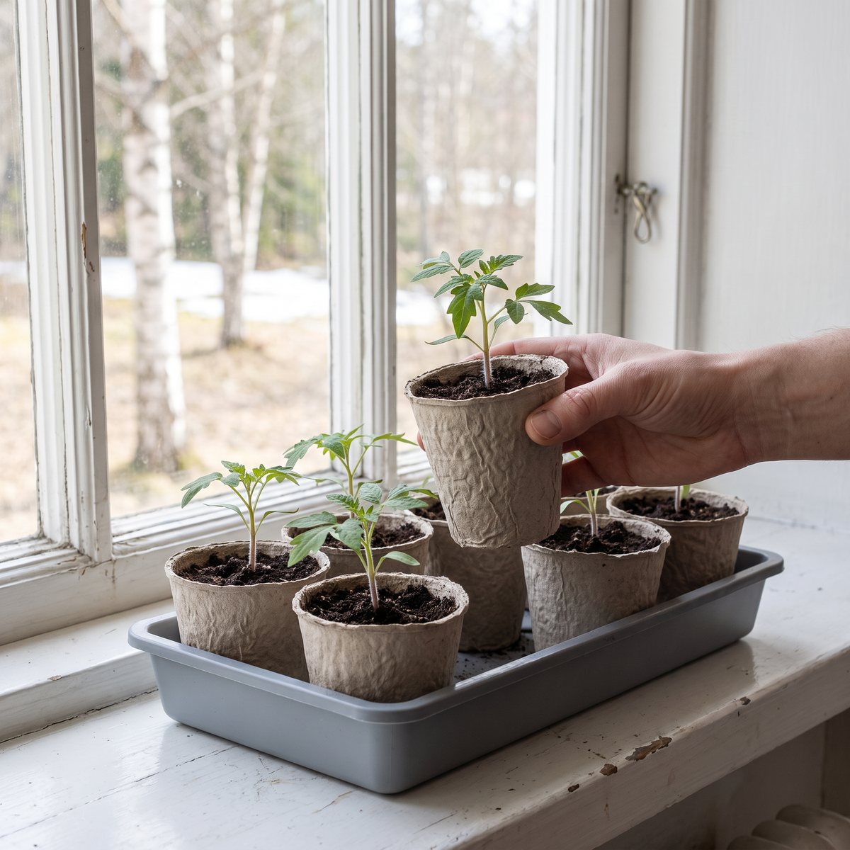 Runda fiberkrukor med tomatplantor i ett odlingstråg på en vit fönsterbräda, utanför syns björkar och snöfläckar
