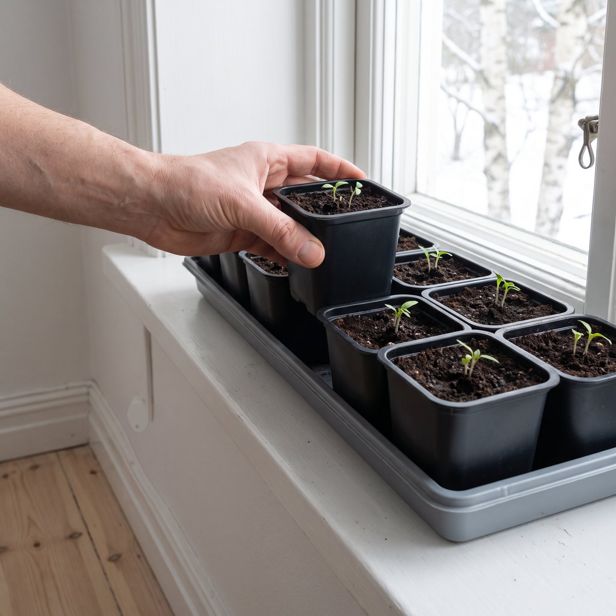 Svarta fyrkantiga plastkrukor från Nelson Garden med nysådda tomatplantor i ett odlingstråg på en vit fönsterbräda, med snöiga björkar utanför fönstret