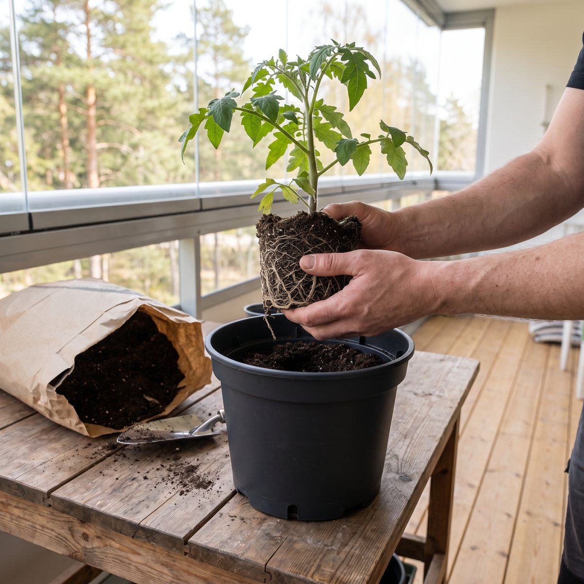 En tomatplanta planteras om i en rund svart plastkruka från Nelson Garden på ett arbetsbord på en inglasad balkong med tallar utanför