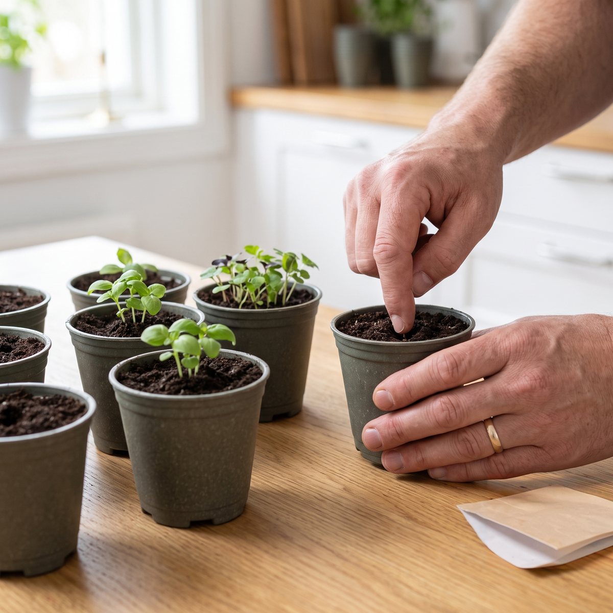 Gröna biokrukor från Nelson Garden med nysådda örtplantor på ett ljust köksbord i ett svenskt kök, en hand trycker ned ett frö i jorden