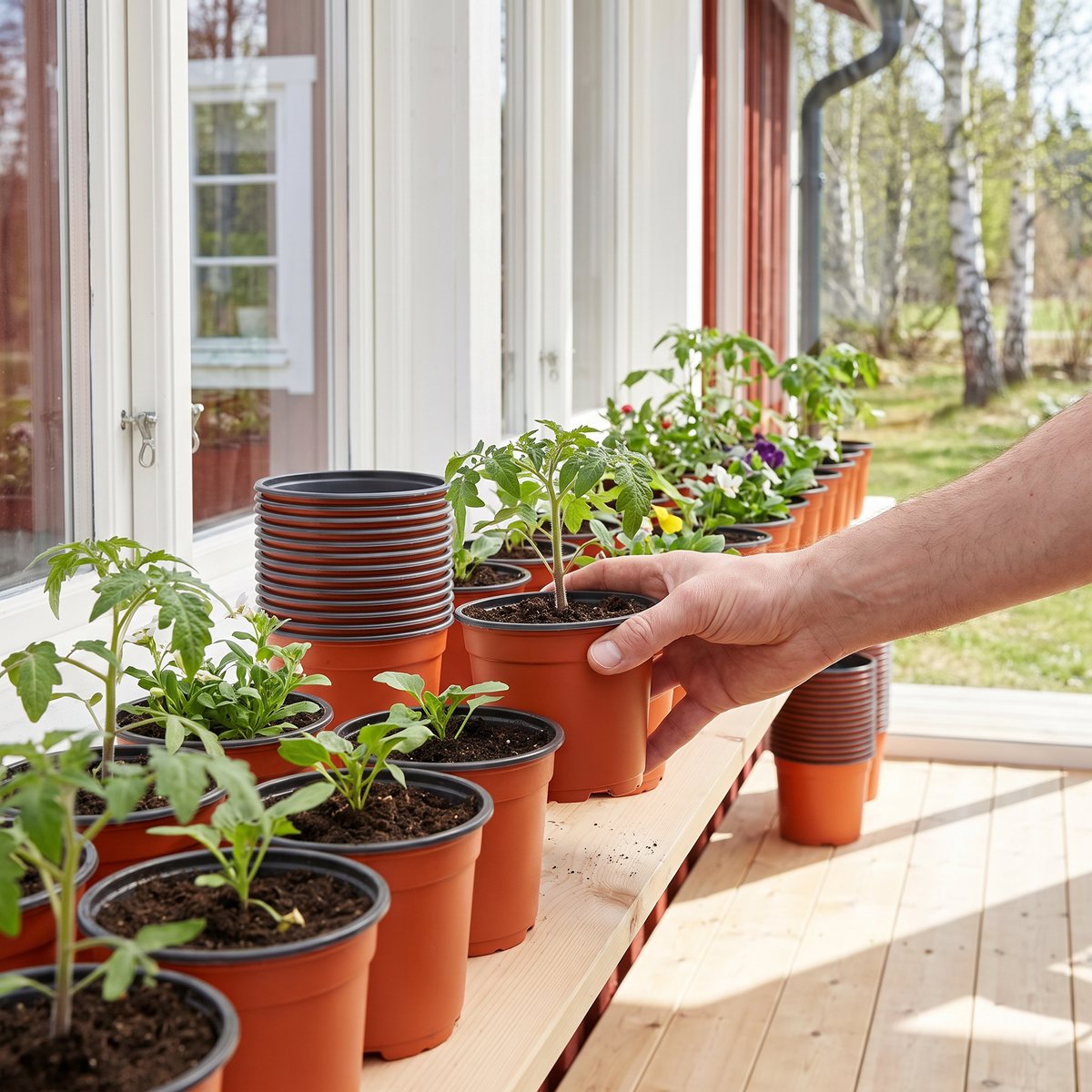 Rader av terrakottafärgade plastkrukor från vidaXL med unga plantor på en hylla vid fönstret i ett rött trähus med björkar i trädgården