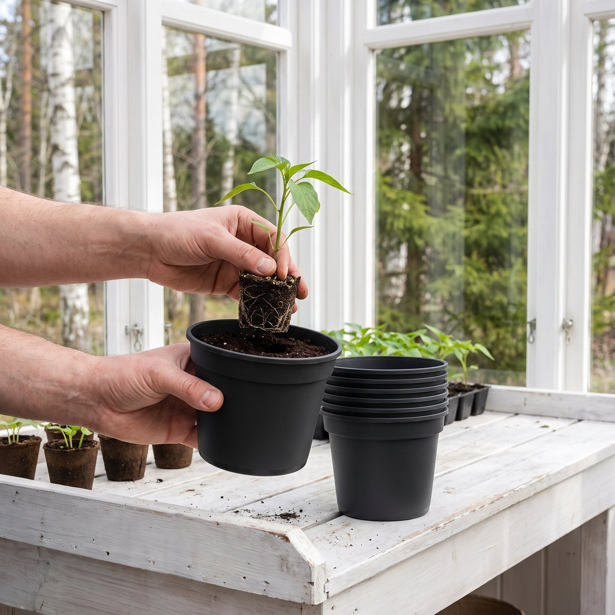 En chiliplanta skolas om till en rund svart plastkruka från vidaXL på en vit planteringsbänk i ett växthus med björkar och granar utanför