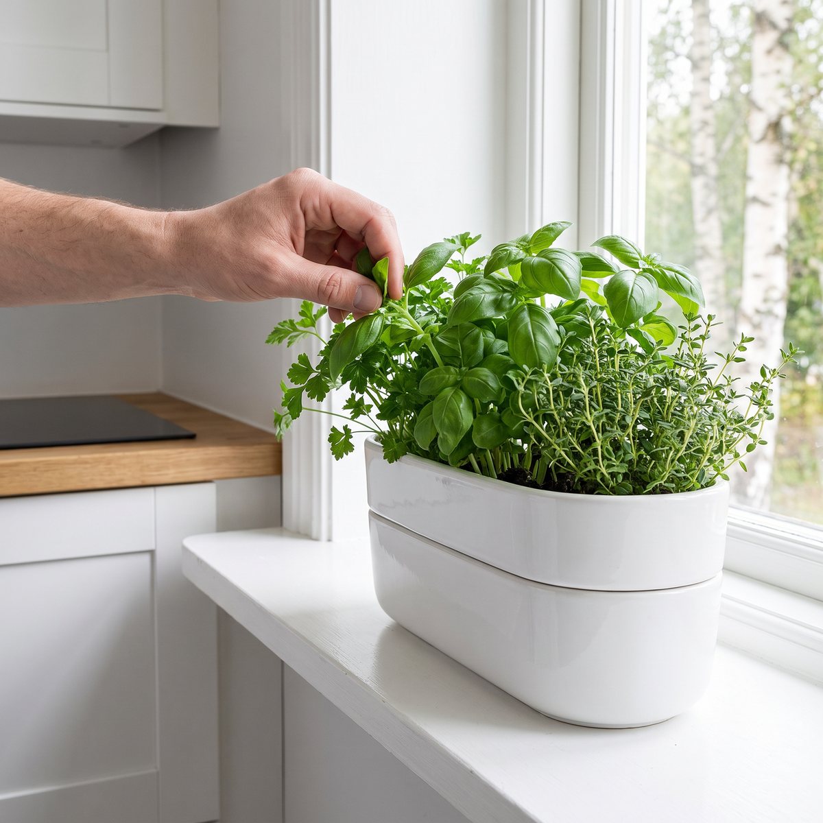 Vit Eva Solo Herb Organiser med basilika, persilja och timjan på en fönsterbänk i ett ljust svenskt kök, en hand nyper av basilikablad