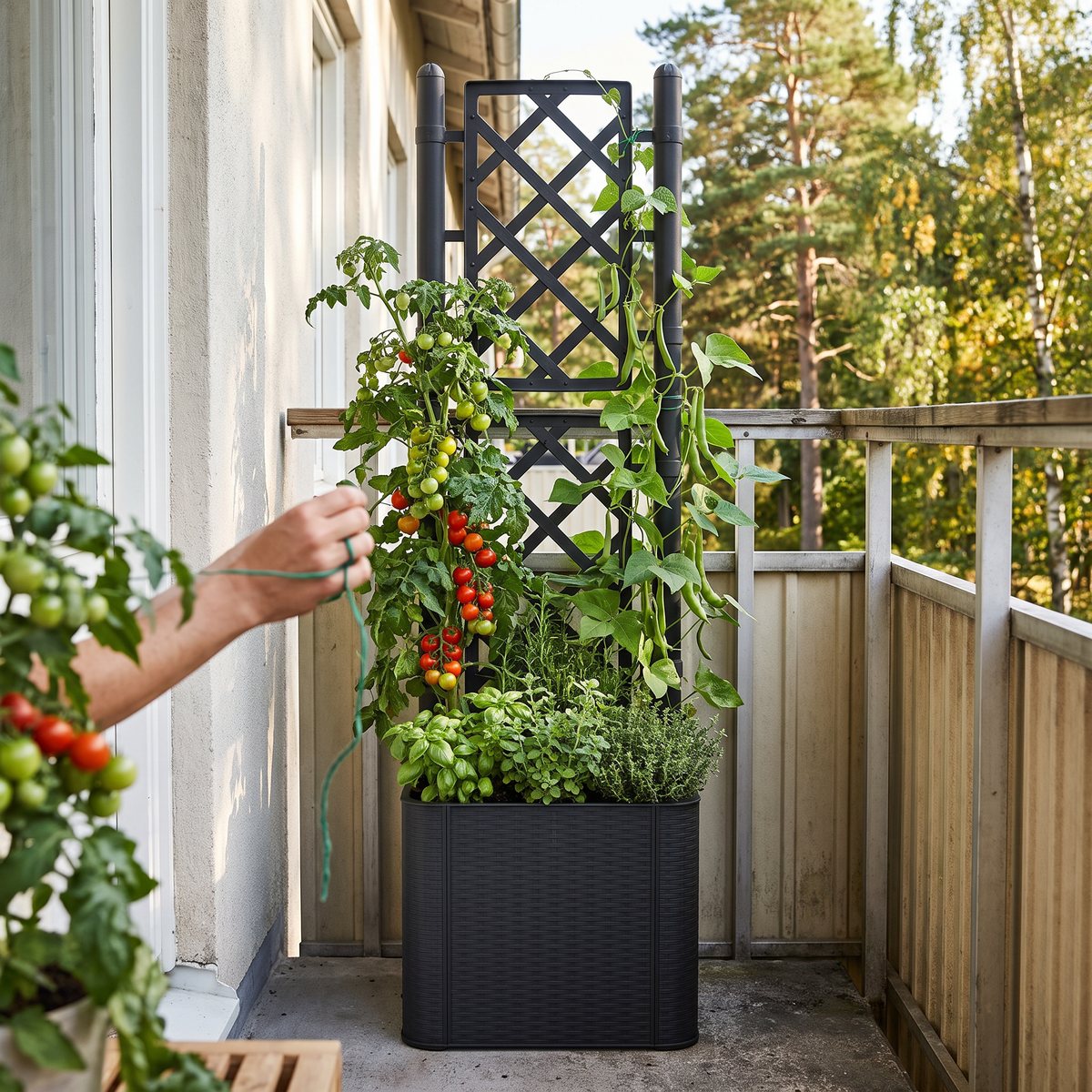 Antracitgrå vidaXL odlingslåda med spaljé på en svensk balkong, med tomatplanta, bönor som klättrar och kryddor vid foten