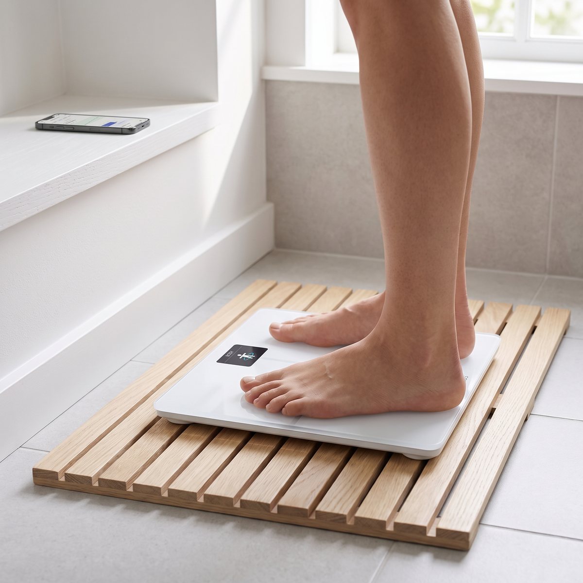 Withings Body Smart i vitt glas på ett badrum med ljusa kakelplattor och trämatta i ett svenskt hem