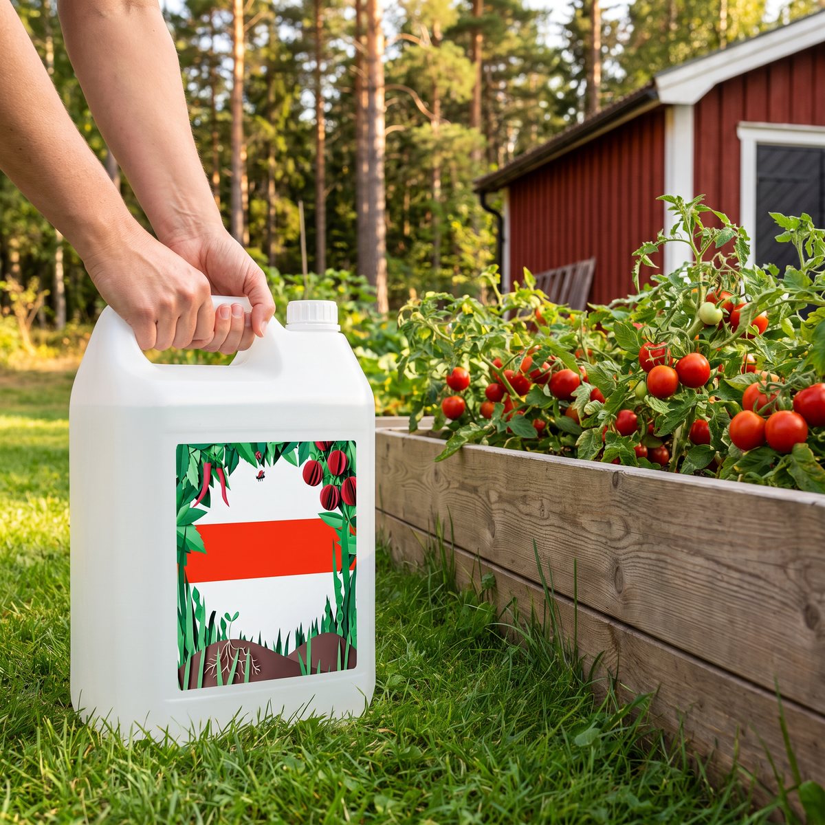 Vit dunk Algomin Saftiga tomater på gräsmattan vid en odlingslåda med tomater i en svensk köksträdgård