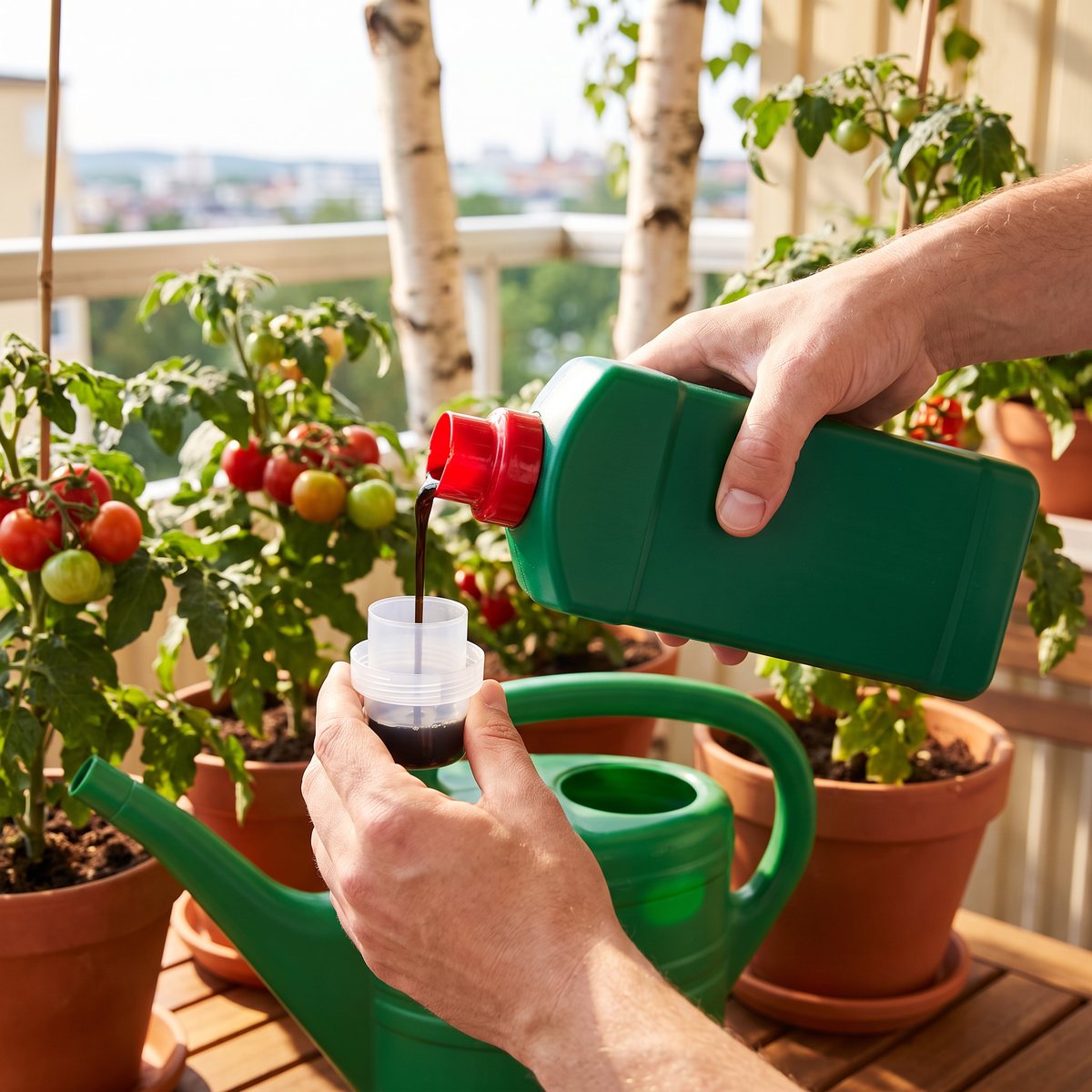 Hand som doserar Blomstra Tomatnäring i ett mätlock över en vattenkanna på en svensk balkong med tomater i krukor