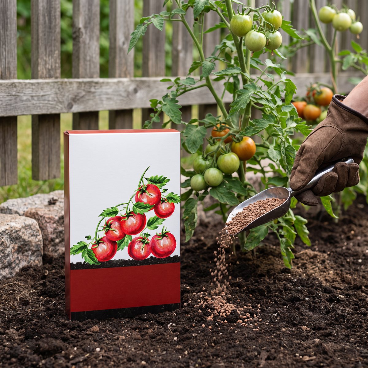 Förpackning Granngården Tomatgödsel bredvid en tomatplanta där granulerat gödsel strös ut med en skopa i en svensk kolonilott