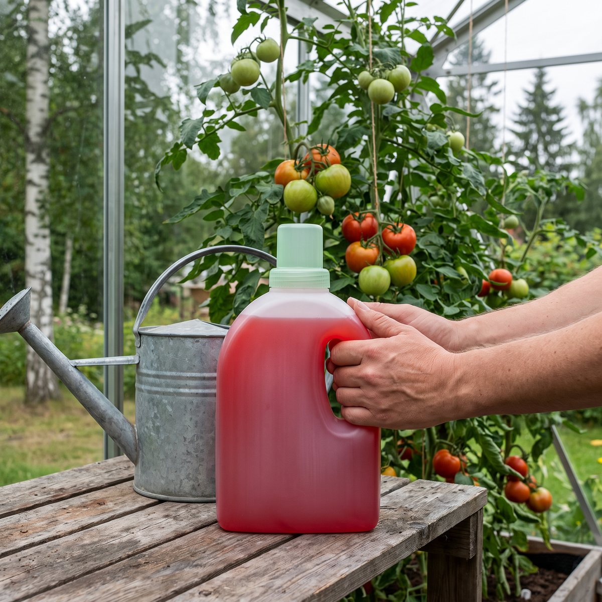 Röd flaska flytande tomatnäring på en hylla i ett svenskt växthus bredvid en zinkkanna och tomatplantor