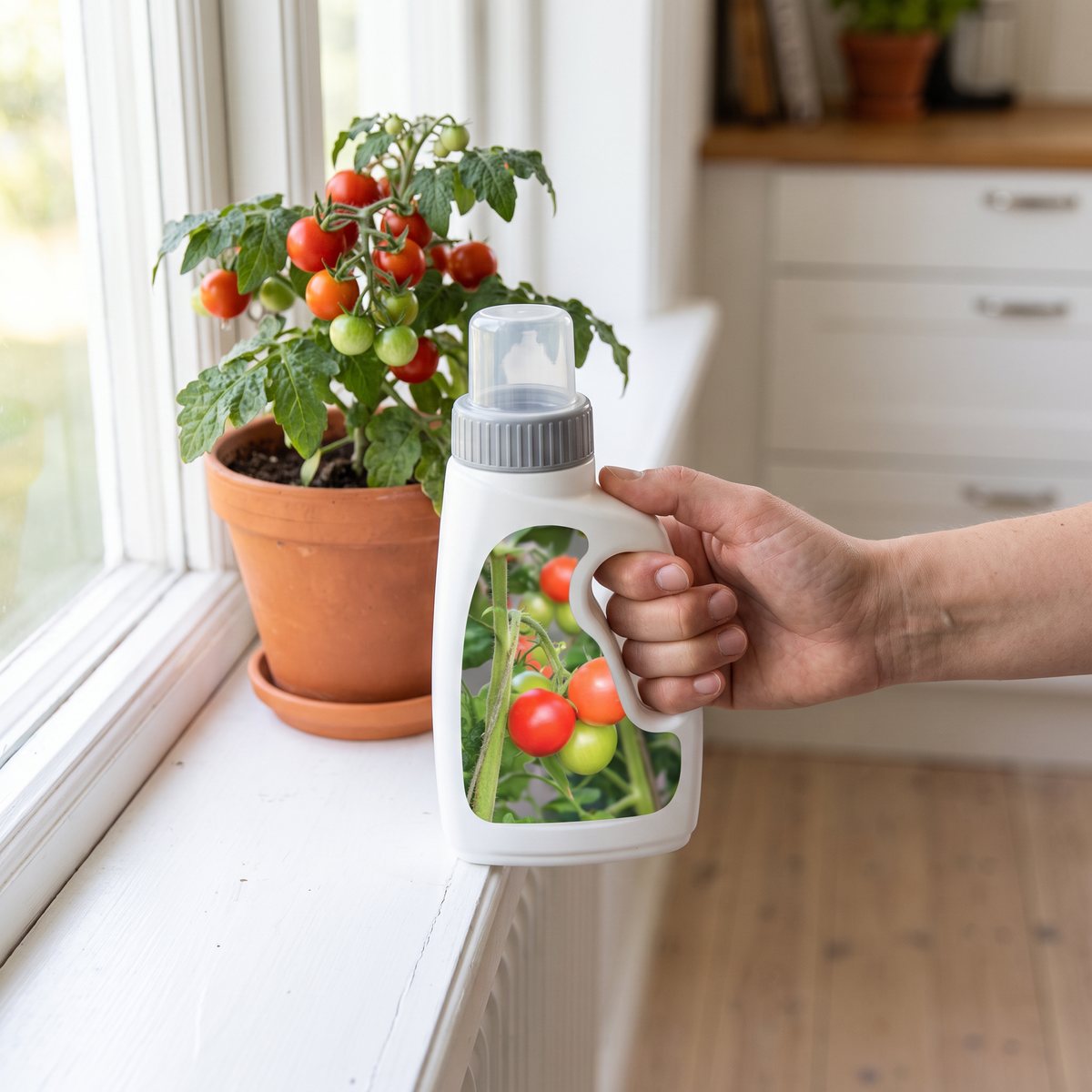 Vit flaska Nelson Garden Tomatnäring i handen vid ett fönster i ett ljust svenskt kök med tomatplanta i kruka